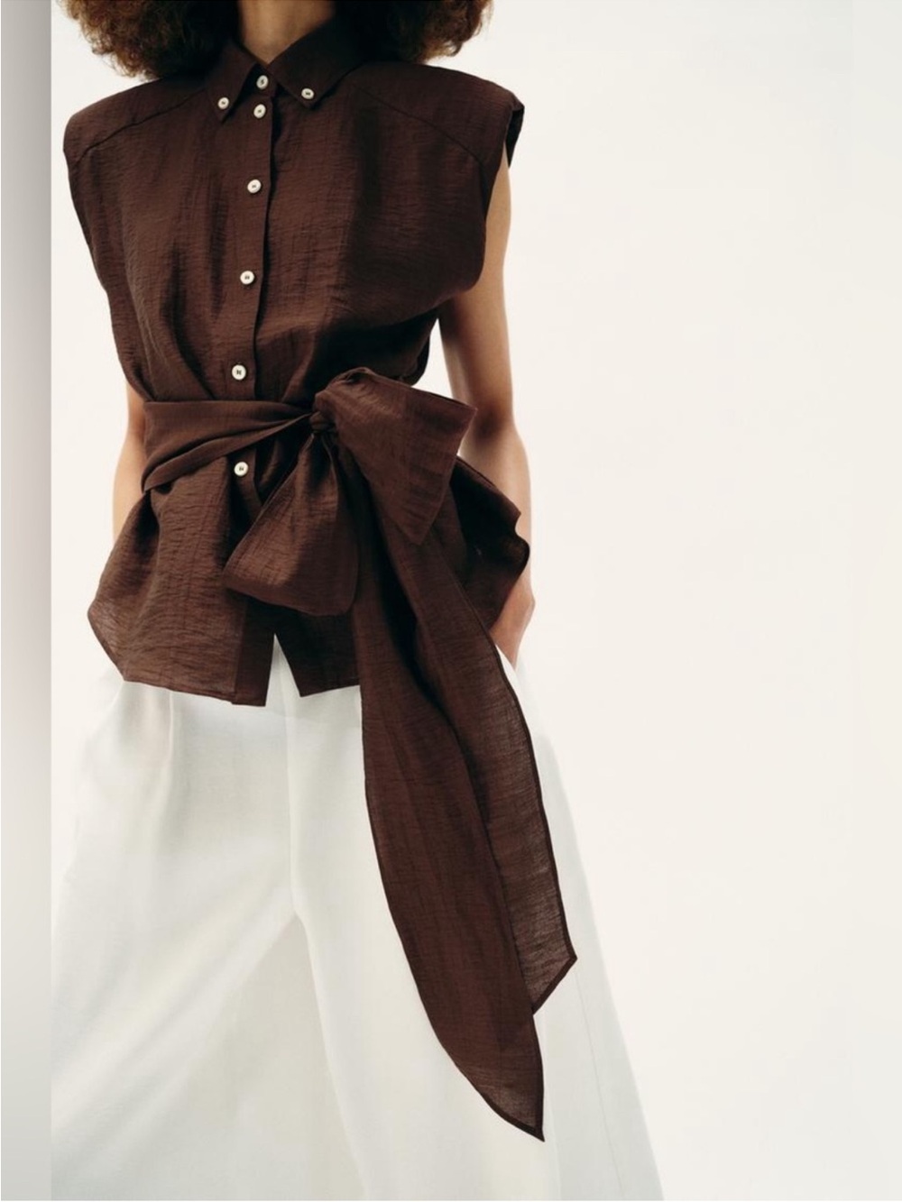 ZARA LINEN BELTED SHOULDER PAD TOP